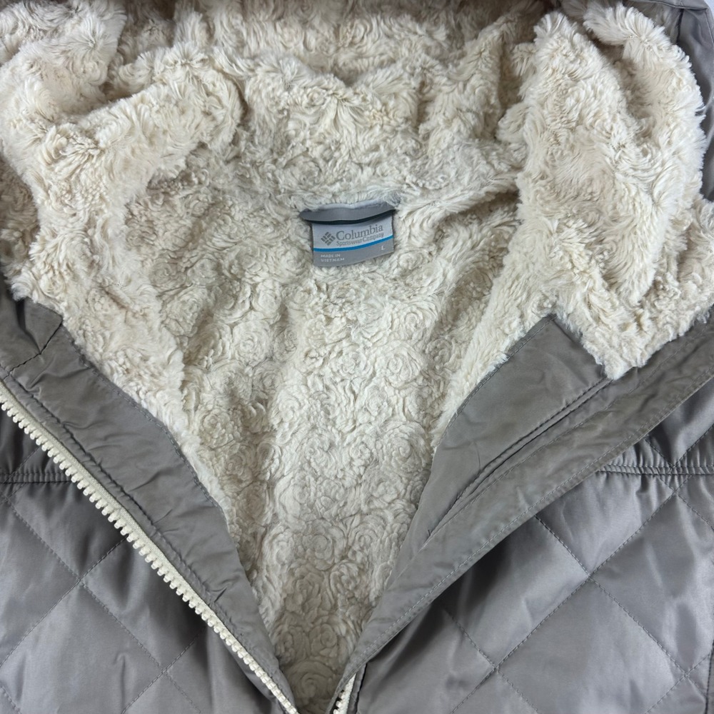 Columbia Quilted Fleece Lined Hooded Jacket Women's Large Tan - Picture 13 of 14